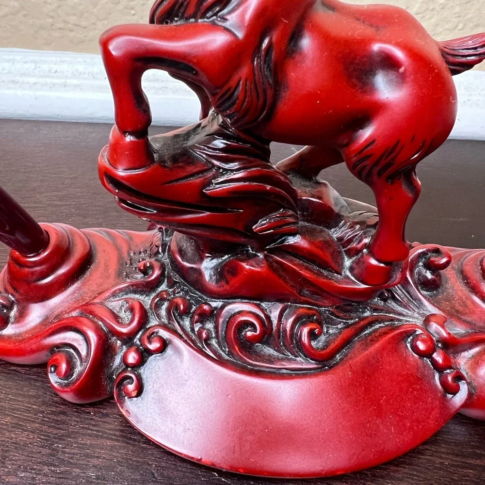 Vintage Red Resin Goat Pen Holder, Mandarin Product, Double Pen Stand